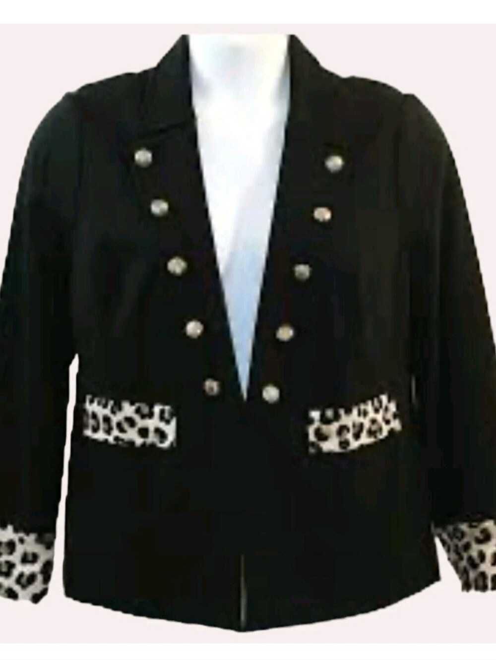 Chico's 3 Black Leopard Print Trim Jacket Size 16 / 18 Button Detail Stretch EUC